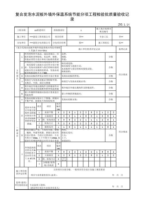 JN3.1.14复合发泡水泥板外墙外保温系统节能分项工程检验批质量验收记录