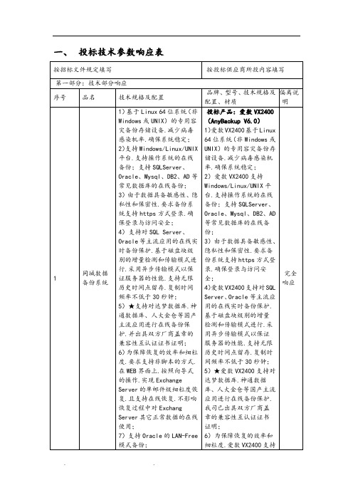 招投标技术参数响应表