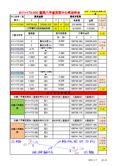 正做涵洞八字墙顶面中心线放样坐标计算显示一览表 样表