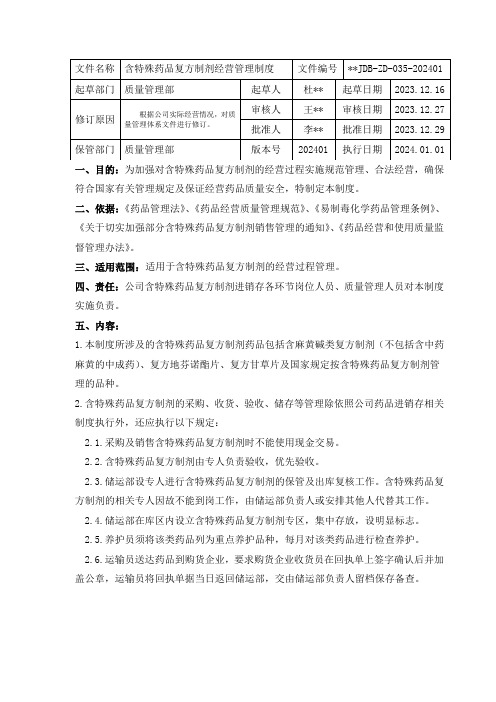 含特殊药品复方制剂经营管理制度