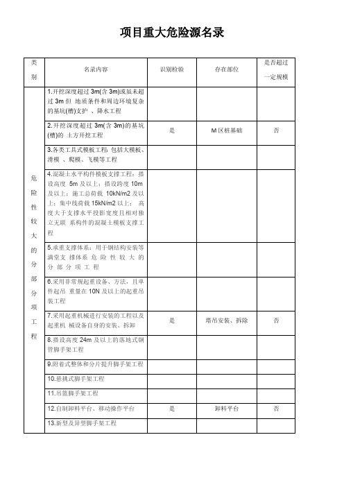 项目重大危险源名录