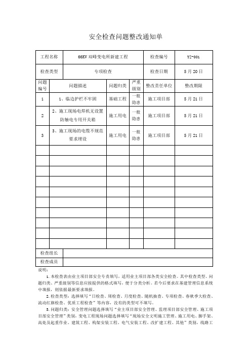 变电站土建安全检查问题整改通知单及反馈单