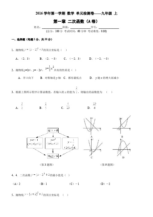 浙教版九年级数学上册 第一章 二次函数单元测试卷(A卷)及答案