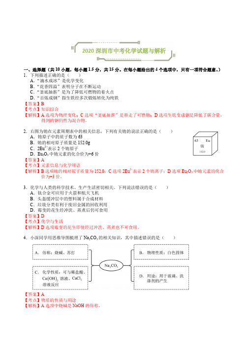 2020深圳中考化学试题及解析