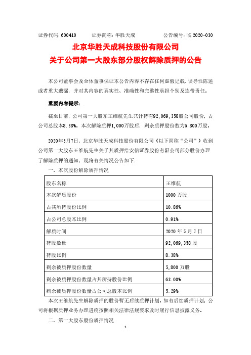 华胜天成：关于公司第一大股东部分股权解除质押的公告