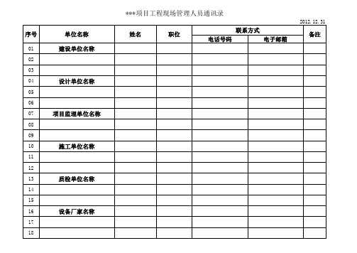 建设工程项目部管理人员通讯录