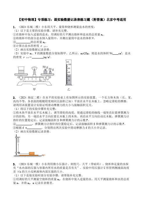 【初中物理】专项练习：画实验数据记录表练习题(附答案)北京中考适用