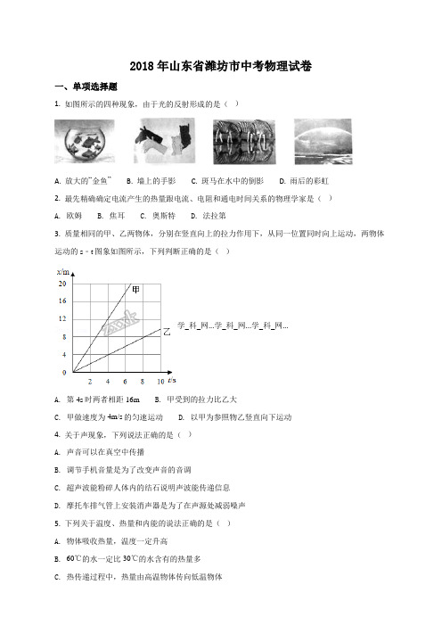 精品解析：山东省潍坊市2018年中考物理试题(原卷版)