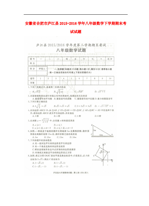 安徽省合肥市庐江县八年级数学下学期期末考试试题(扫