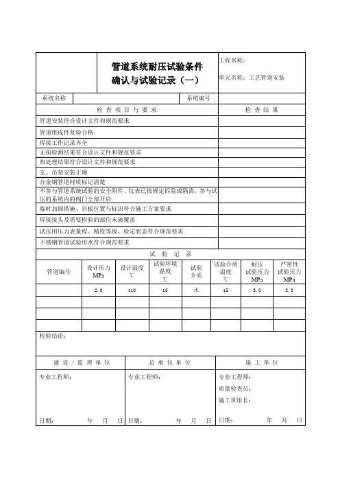 管道系统耐压试验条件确认与试验记录 模板1