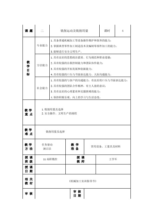 机械加工实训教案铣削运动及铣削用量