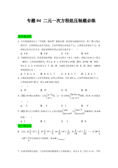 二元一次方程组压轴题必练七年级数学下学期期中期末满分必刷常考压轴题人教版