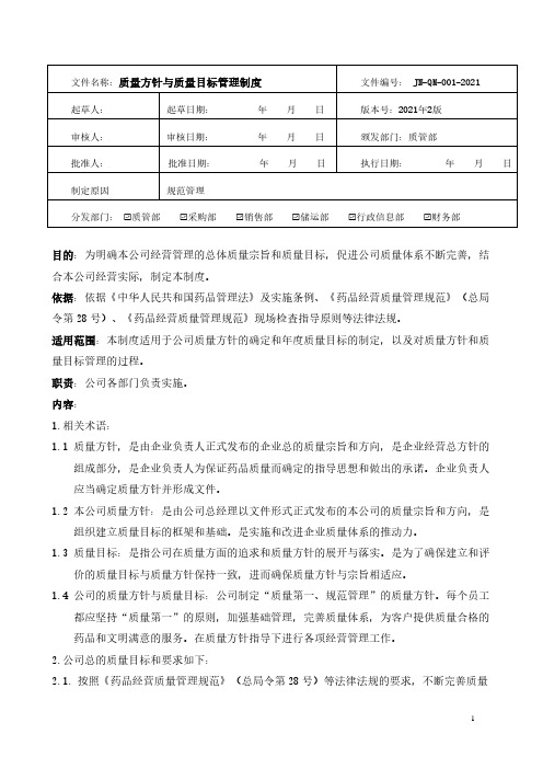 药品经营-质量方针与质量目标管理制度