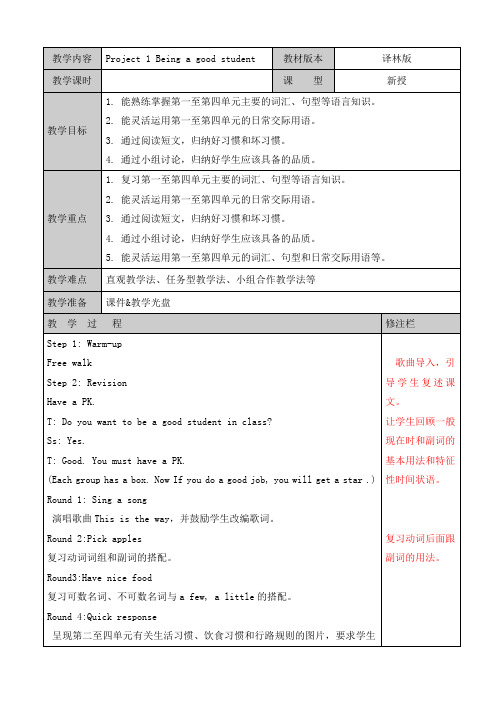 六年级下册英语教案Project1BeingagoodstudentPartA译林版三起