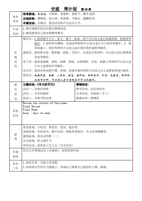 幼儿园班级周计划第20周