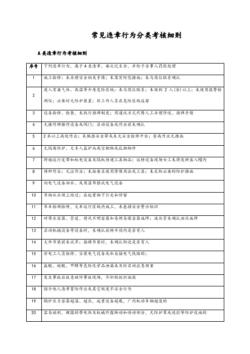 常见违章行为分类考核细则