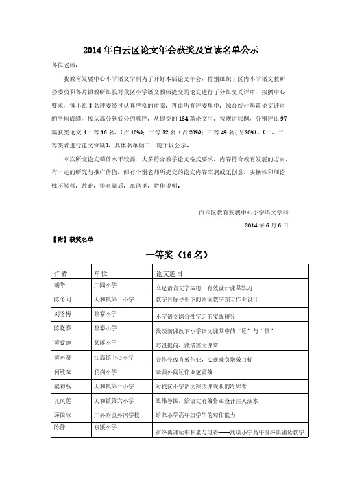 白云区论文年会获奖及宣读名单公示小学语文学科【VIP专享】