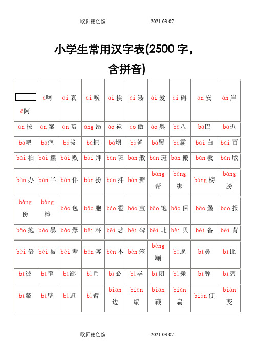 小学生常用汉字表(2500字,含拼音)之欧阳德创编