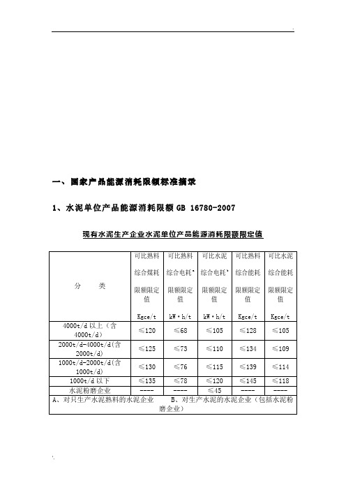 单位产品能耗定额和限额国家标准