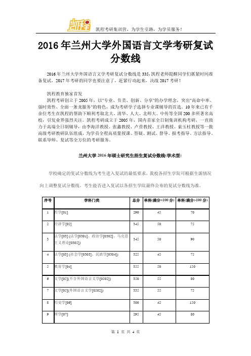 2016年兰州大学外国语言文学考研复试分数线