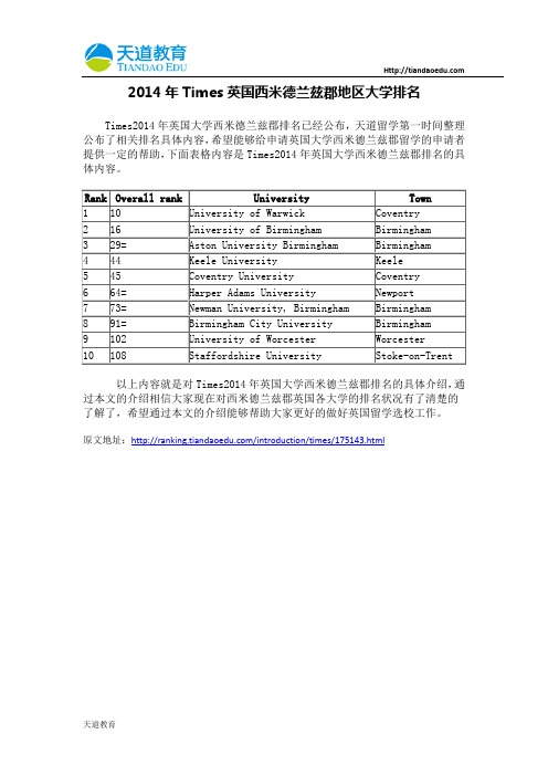 【天道独家】2014年Times英国西米德兰兹郡地区大学排名