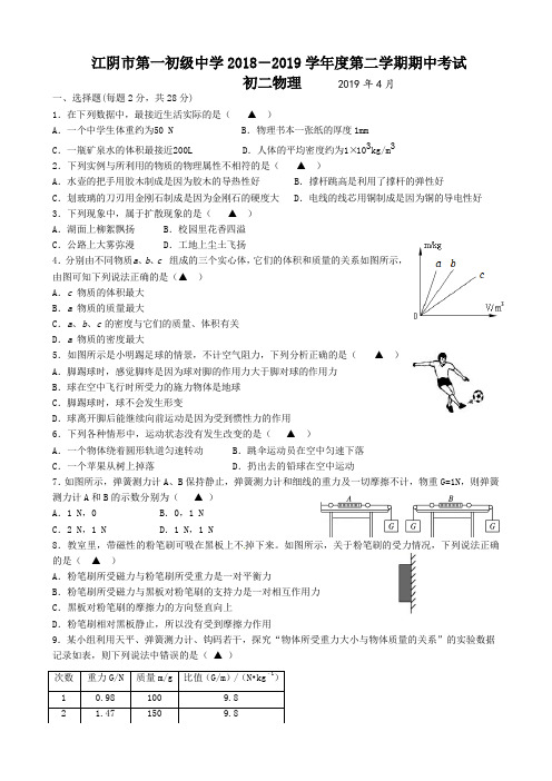 江阴市第一初级中学2018-2019学年八年级下学期期中考试物理试题(含答案)