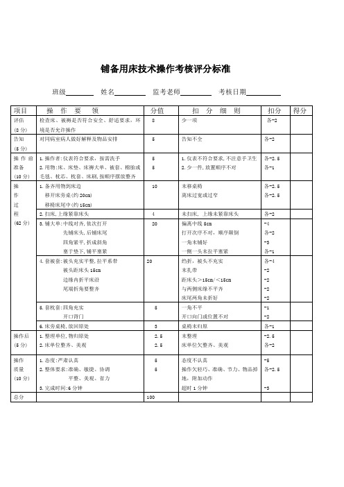 铺备用床技术操作考核评分标准