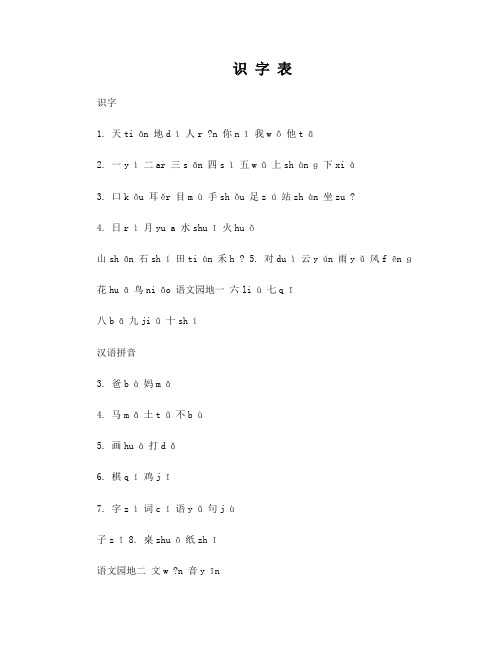 部编一年级上册生字表写字表注音版