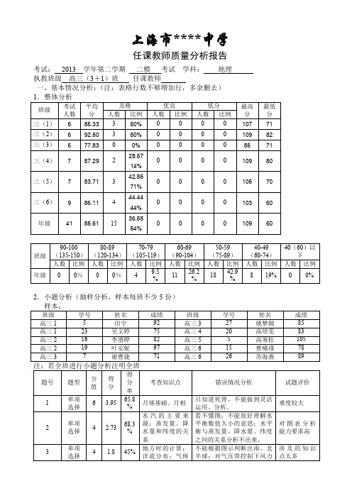 高三地理任课教师质量分析报告