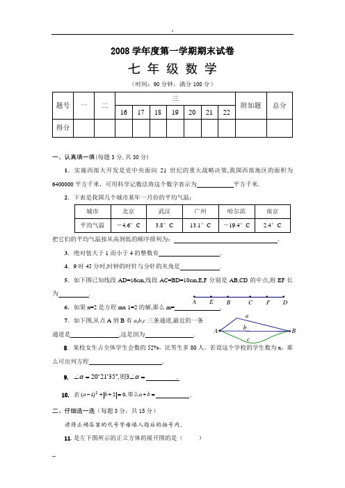 2008学年度第一学期期末试卷