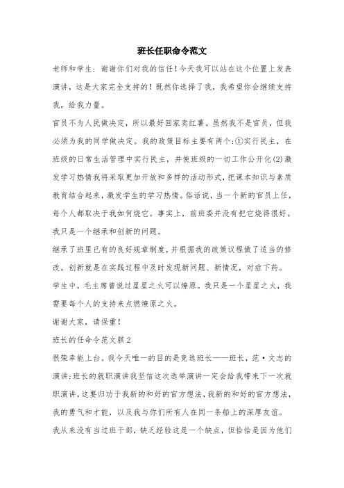 班长任职命令范文.doc