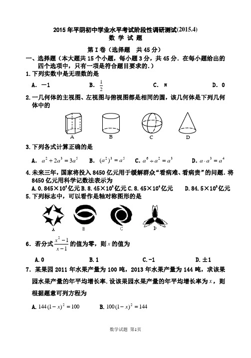 山东省济南市平阴县2015届九年级第一次模拟检测试题及答案