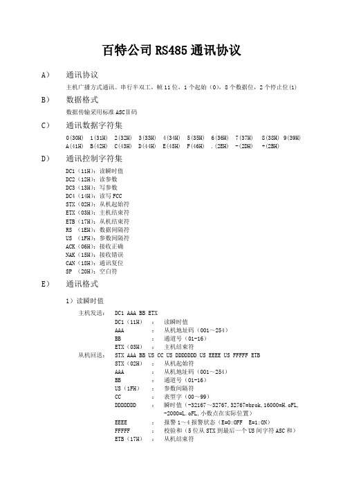 百特公司RS485通讯协议