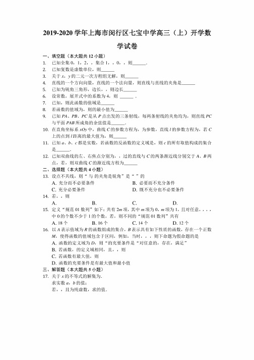 上海市闵行区七宝中学2020届高三上学期开学考试数学试题含解析