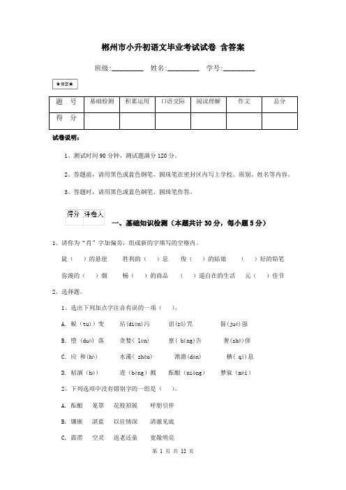 郴州市小升初语文毕业考试试卷 含答案