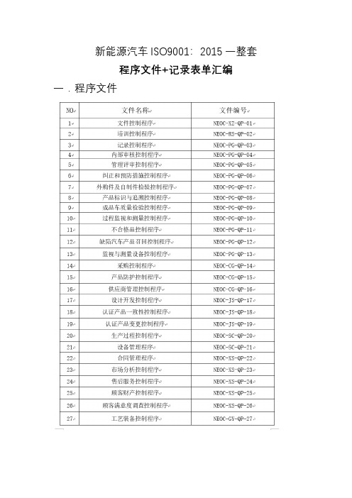 新能源汽车ISO9001：2015一整套文件汇编(程序+记录表单)