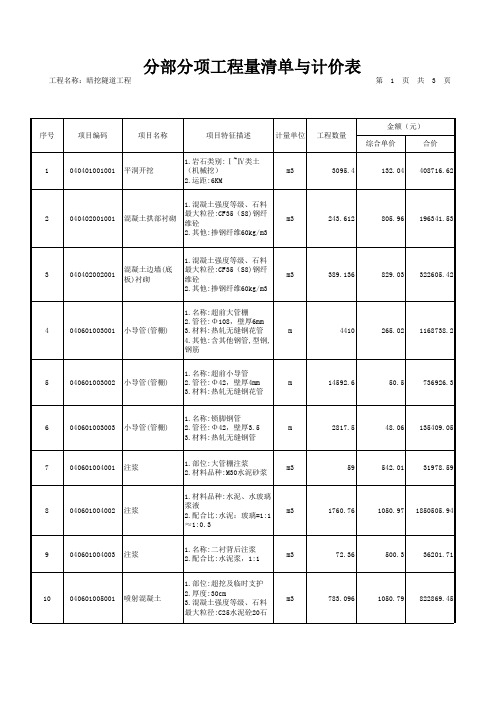 暗挖隧道工程投标报价工程量清单[中标版](含监控量测)_综合单价分析表有组价子目