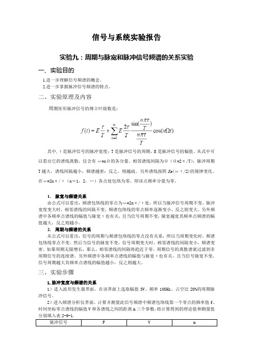 信号与系统实验报告实验九：周期与脉宽和脉冲信号频谱的关系实验