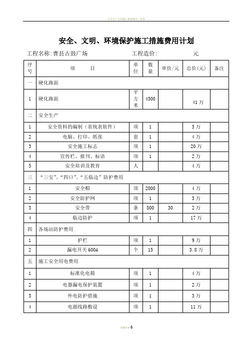 安全生产文明施工措施费用计划一览表