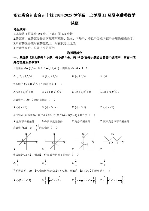 浙江省台州市台州十校2024-2025学年高一上学期11月期中联考数学试题(含答案)