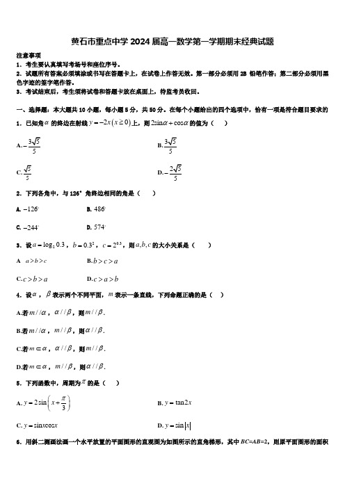 黄石市重点中学2024届高一数学第一学期期末经典试题含解析