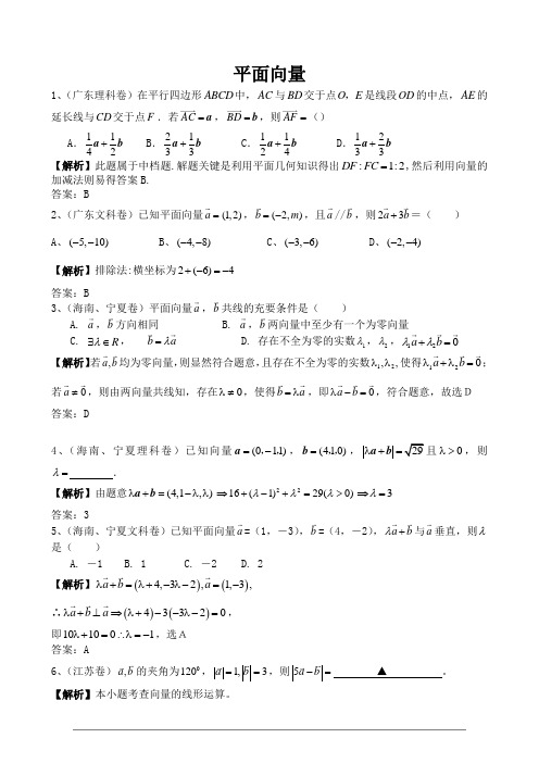 2021年新人教版高中数学平面向量选解二