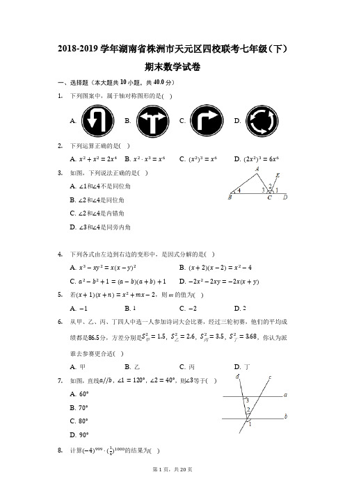 2018-2019学年湖南省株洲市天元区四校联考七年级(下)期末数学试卷(附答案详解)