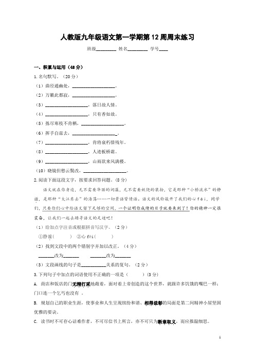 2020-2021学年九年级上学期第12周周末语文练习(含答案)