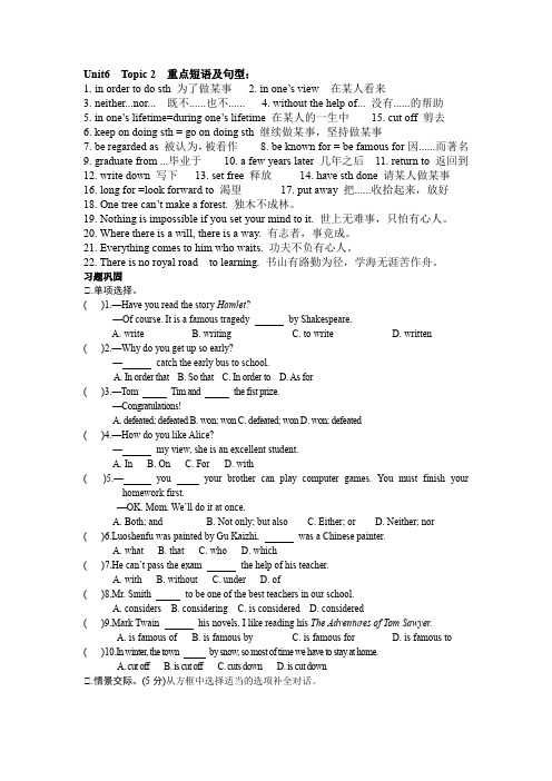 2016最新仁爱版九年级 Unit6 Topic 2 重点短语、句型归纳及同步习题