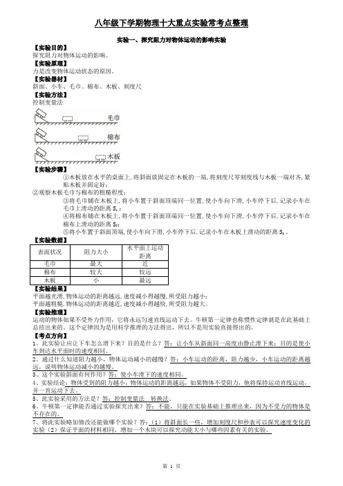 2022- 2023学年人教版物理八年级下学期十大重点实验常考点整理