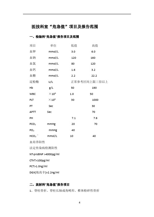 “危急值”项目及报告范围