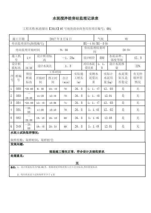 水泥搅拌桩旁站监理记录表