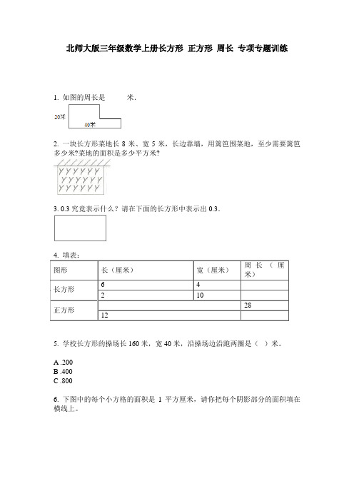 北师大版三年级数学上册长方形 正方形 周长 专项专题训练