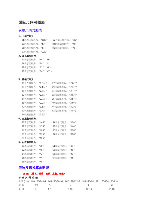 国际标准尺码对照表